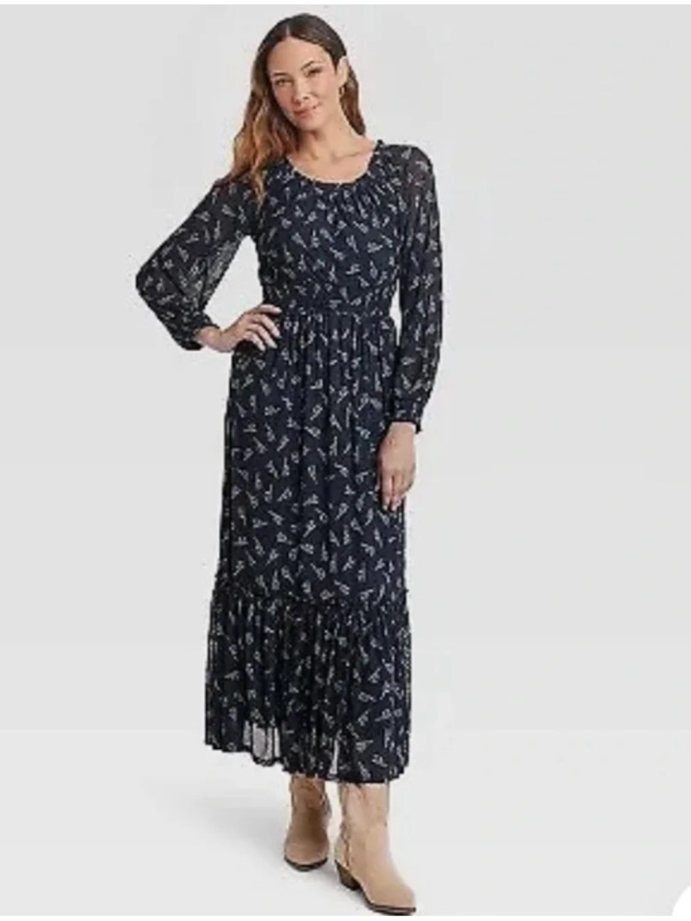 Knox Rose Navy Floral Maxi Dress Smocked Waist Boho Long Sleeve S